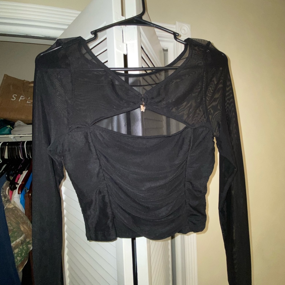 Black Mesh Long-Sleeve Crop Top with butterfly charm from shein